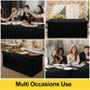 A black stretch rectangle tablecloth is shown in various settings, including a formal dining table and an outdoor event.