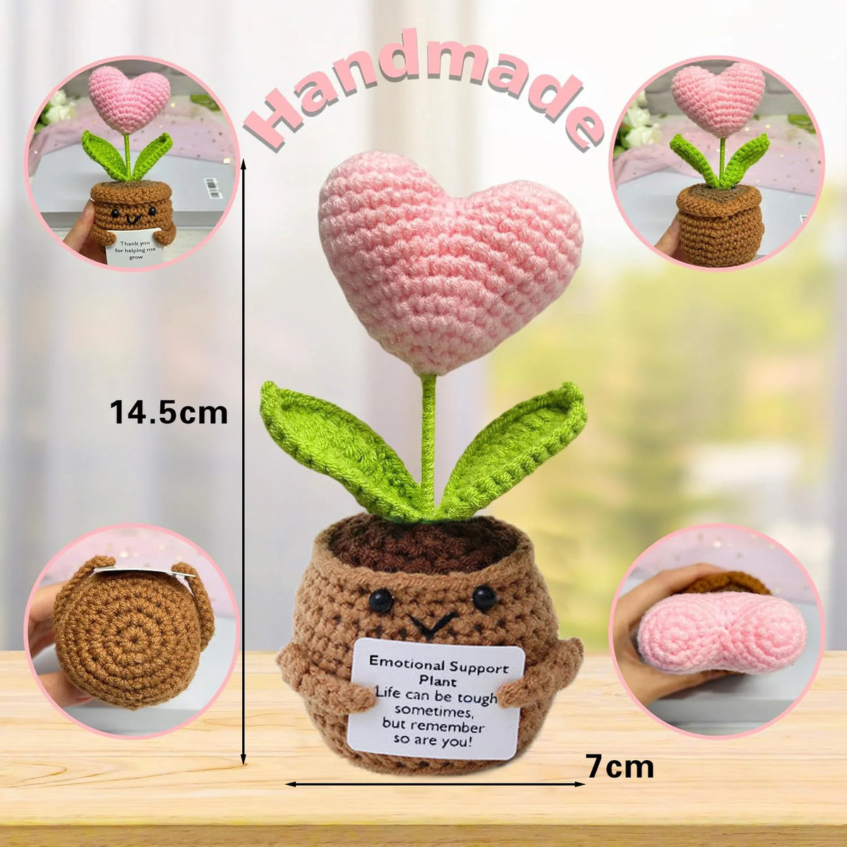 Handmade crochet plant decoration featuring a pink heart flower and an inspirational card on a brown pot.