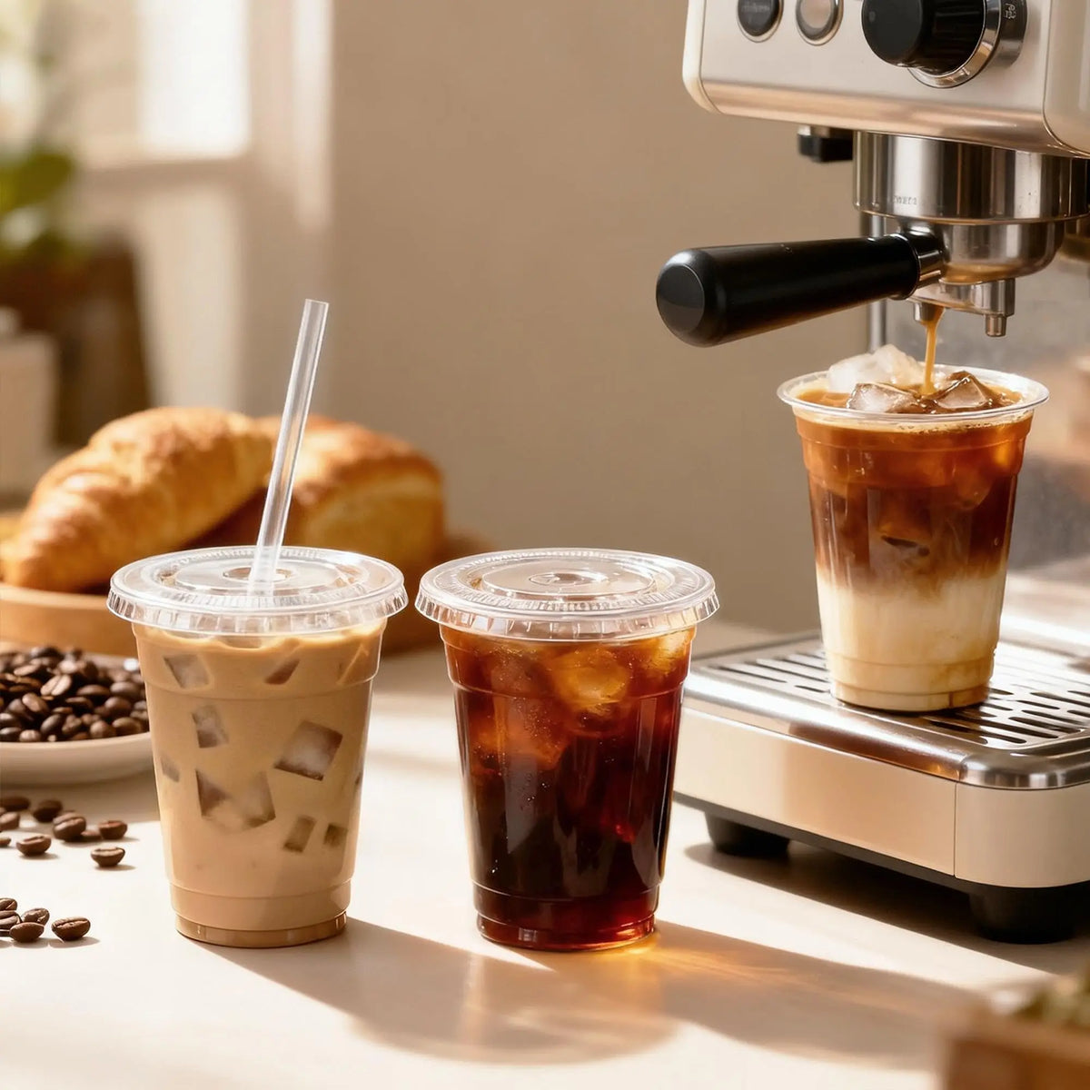 A close-up of a latte being poured into a clear plastic cup with a straw, next to an espresso machine.