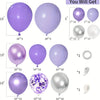 A kit containing various purple and white metallic balloons in different sizes and finishes for creating a balloon garland ar