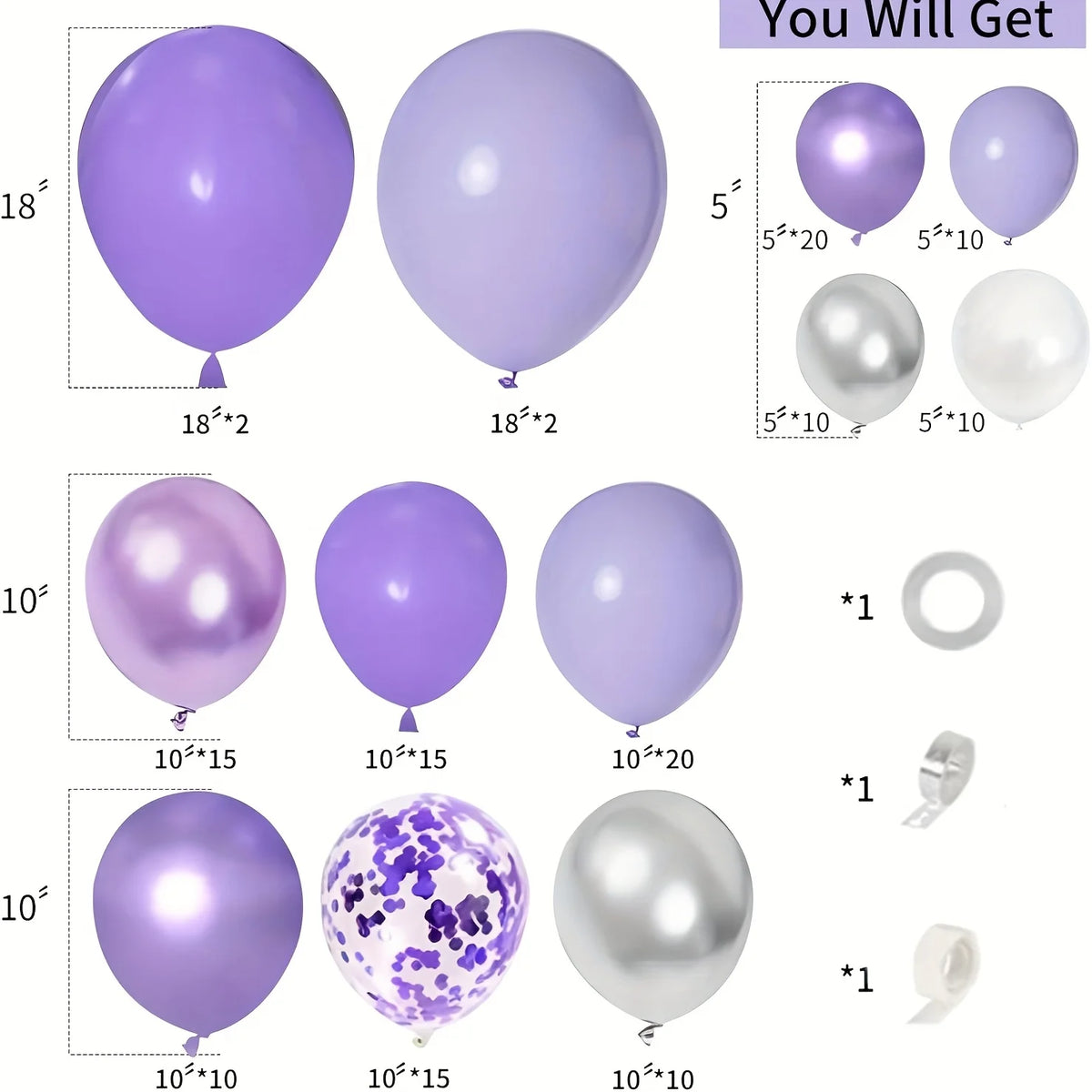 A kit containing various purple and white metallic balloons in different sizes and finishes for creating a balloon garland ar
