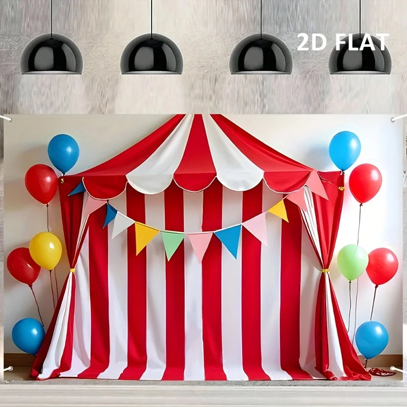 A red and white striped circus party backdrop banner with colorful bunting and balloons.