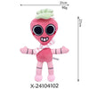 A pink plush toy resembling a stylized face with green hair and a bow, measuring 21cm tall.