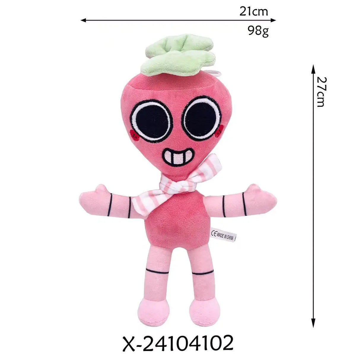 A pink plush toy resembling a stylized face with green hair and a bow, measuring 21cm tall.