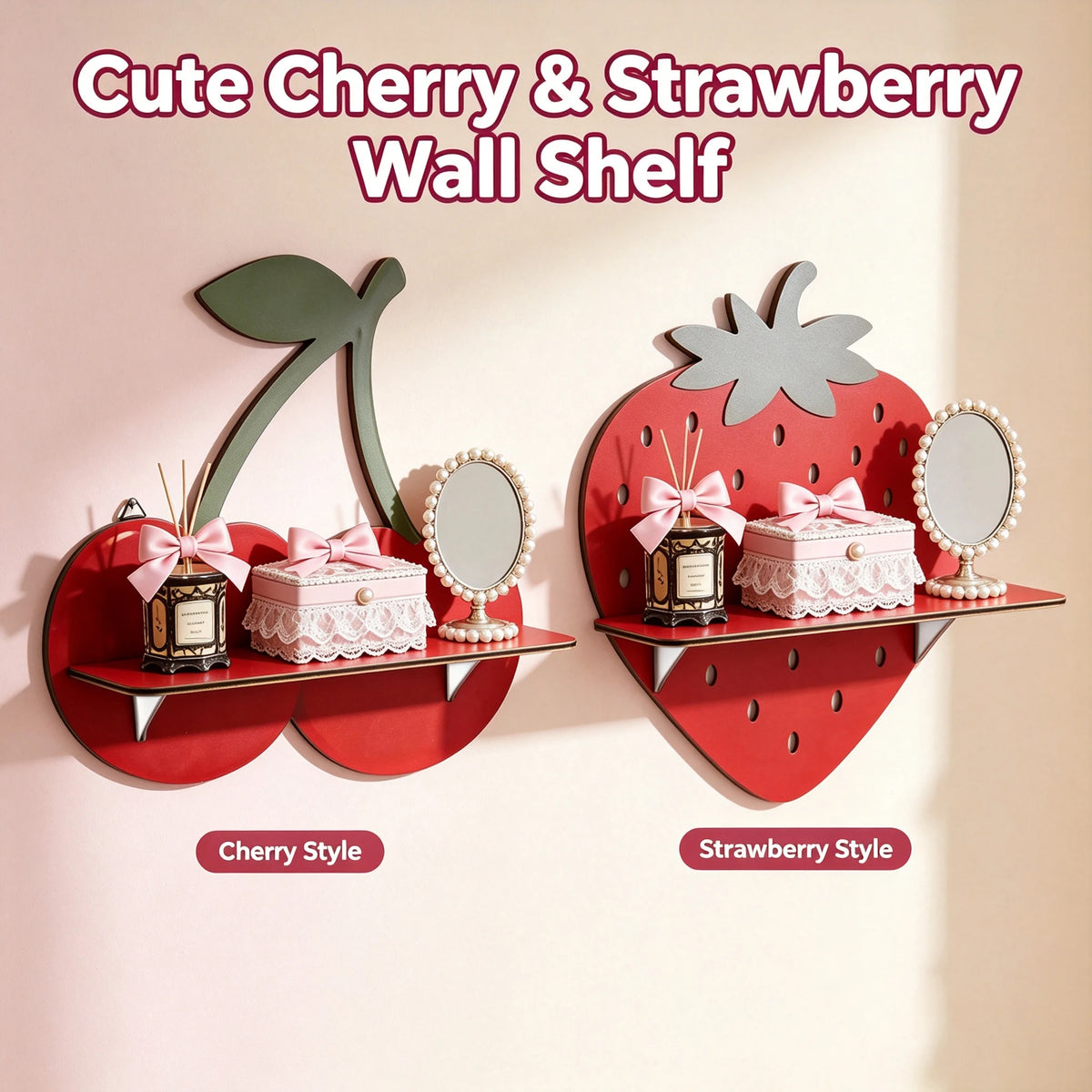 A decorative wall shelf featuring cherry and strawberry shapes with mirrors and pink accents for home decor