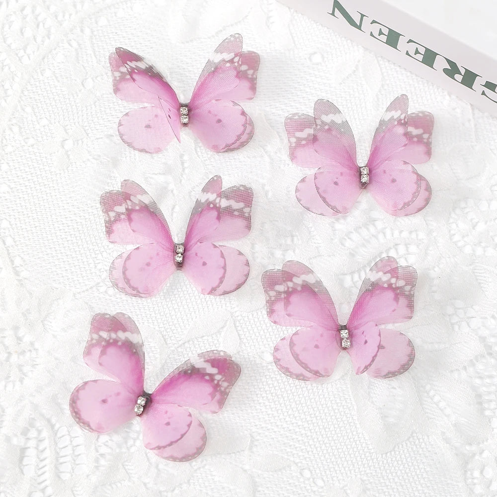 Pink translucent butterfly patches with silver embroidery on white lace