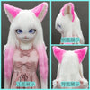 A white and pink customizable furry cosplay head with long hair shown from the front, side, and back angles.