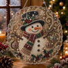 A detailed diamond painting of a smiling snowman wearing a festive hat and scarf surrounded by sparkling elements.