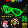 A pair of bright green LED light-up glow glasses shown with size measurements and examples of fit on children and adults.