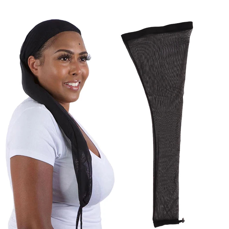 A woman wearing a black stretchy hair net cap with a drawstring sleeve.