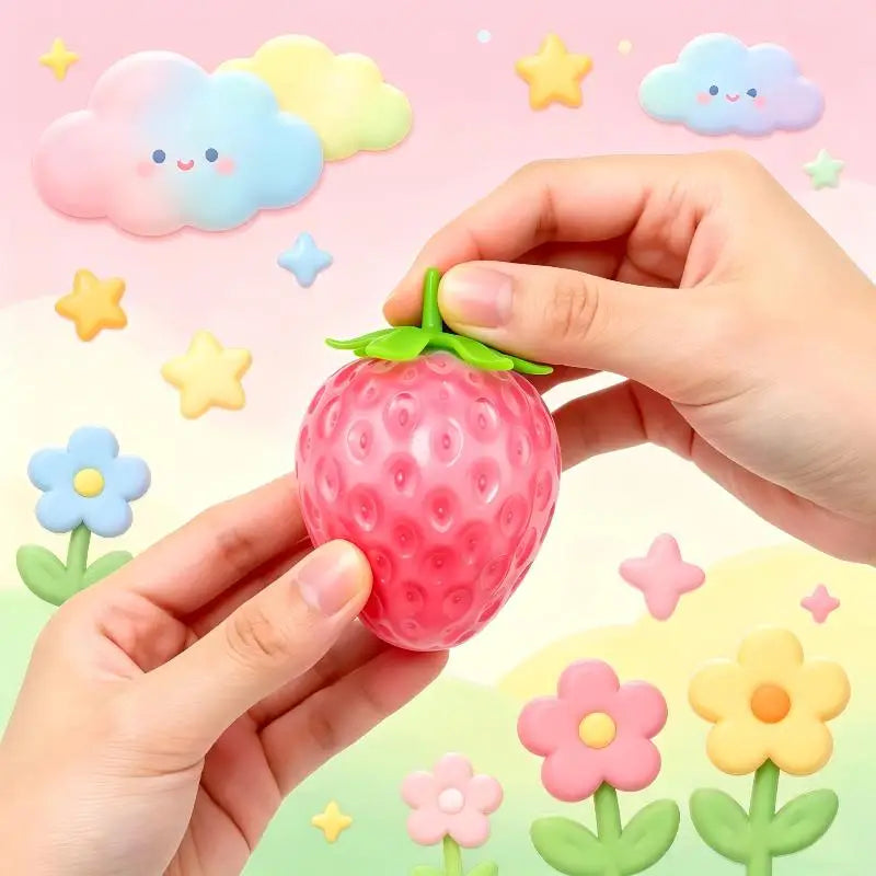 Hands hold a pink squishy strawberry toy against a light pink background with scattered stars and clouds.