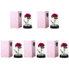 A set of five pink decorative flowers with red roses inside glass domes and black bases.