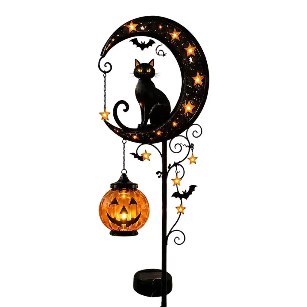 Halloween stake light featuring a black cat and pumpkin silhouette on a crescent moon design