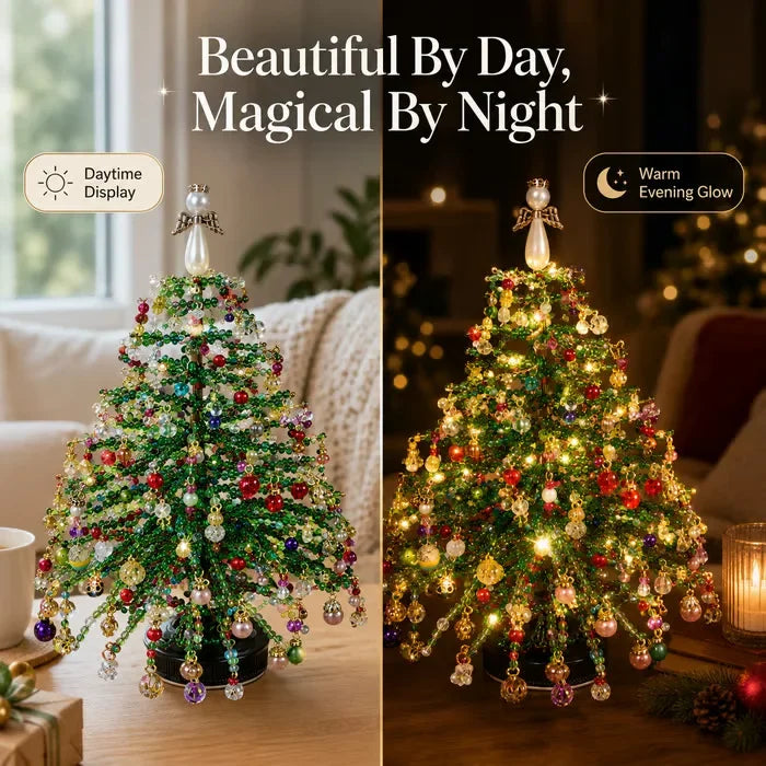 A beautiful Christmas tree decorated with crystal beads, shown in daytime and nighttime glow settings.