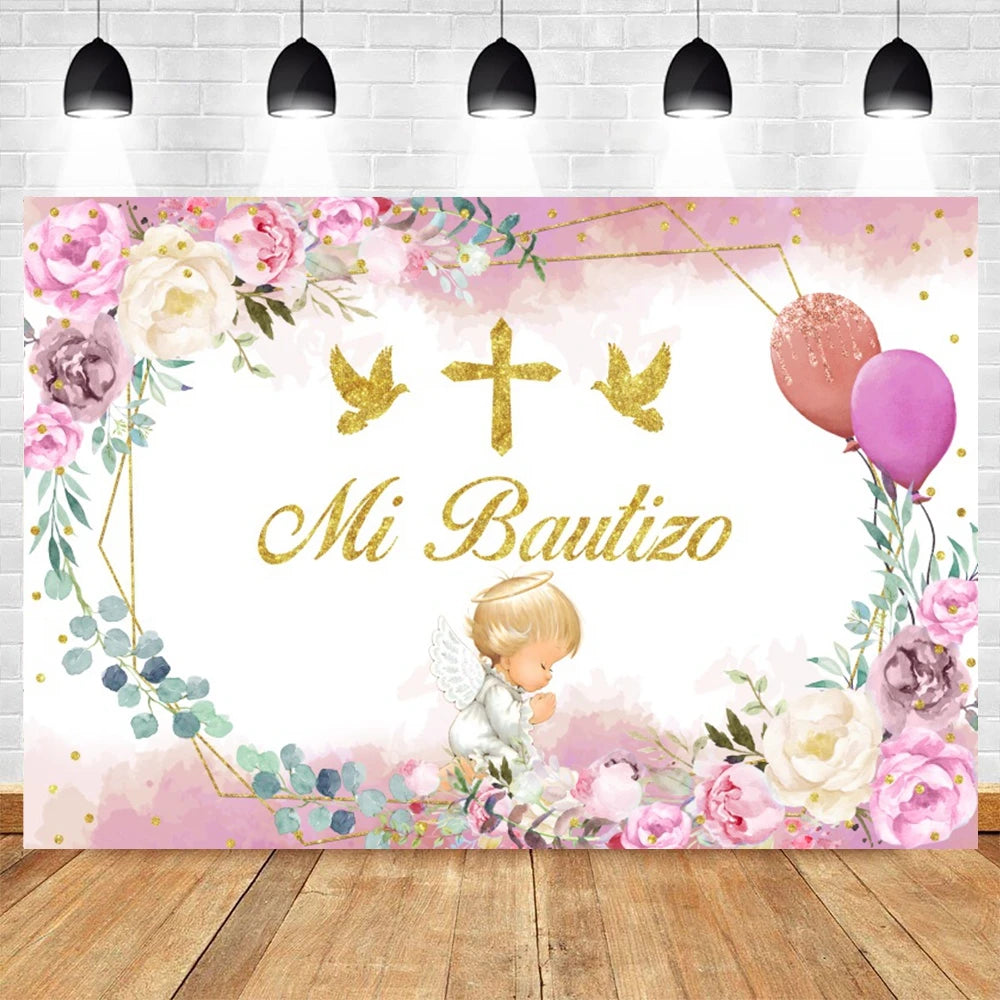 A pink and gold floral backdrop featuring a cross and balloons for a baptism or communion celebration.