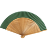 An elegant bamboo folding fan with a green and natural wood striped design shown open.