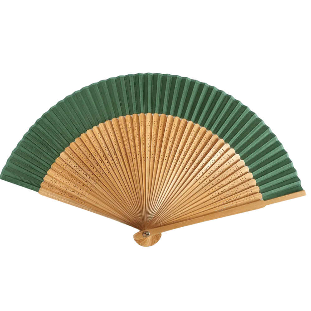 An elegant bamboo folding fan with a green and natural wood striped design shown open.