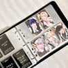 A clear plastic binder holding various K-Pop photo cards featuring male idols and female idols.