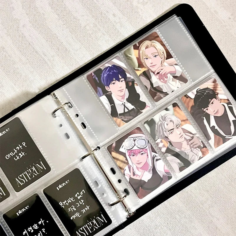 A clear plastic binder holding various K-Pop photo cards featuring male idols and female idols.