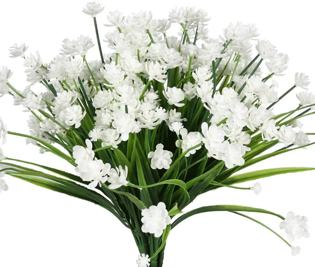 A bundle of white artificial baby's breath flowers.