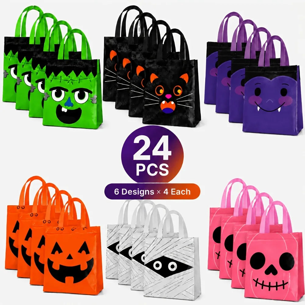 A collection of 24 reusable Halloween candy bags featuring various spooky designs in green, black, purple, and orange.