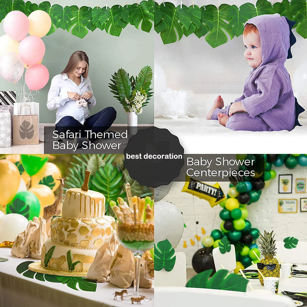 A set of artificial tropical palm leaves used for baby shower and party decoration.