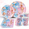 Pink and blue balloons themed gender reveal party tablecloth and cups for a baby shower
