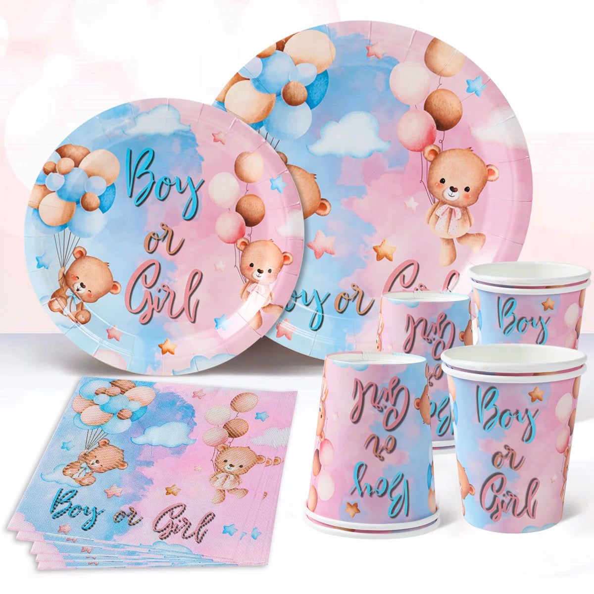 Pink and blue balloons themed gender reveal party tablecloth and cups for a baby shower