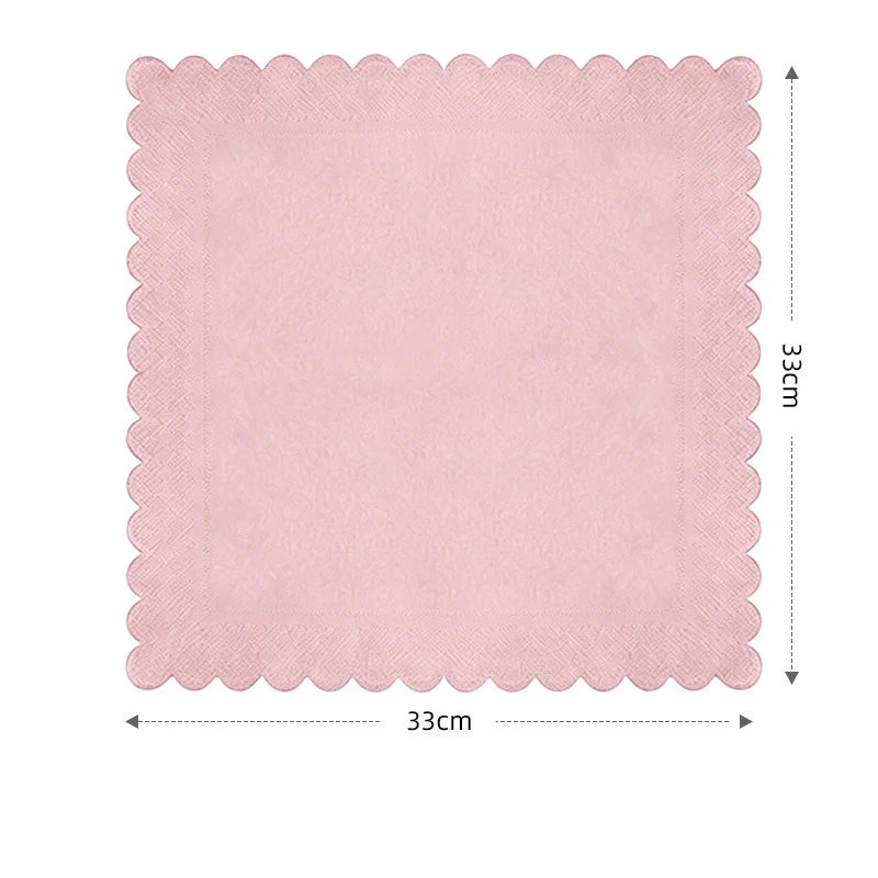 Pink scalloped paper tableware set with dimensions 33cm by 33cm and height 33cm
