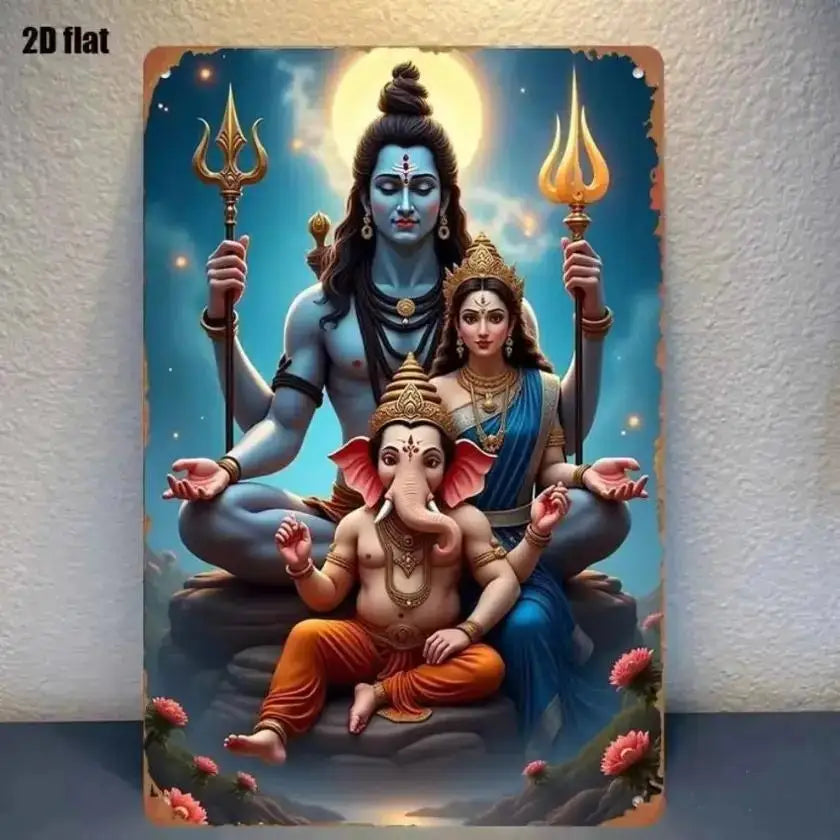 A colorful wall art statue depicting Goddess Durga, Lakshmi, and Ganesha in a divine arrangement.
