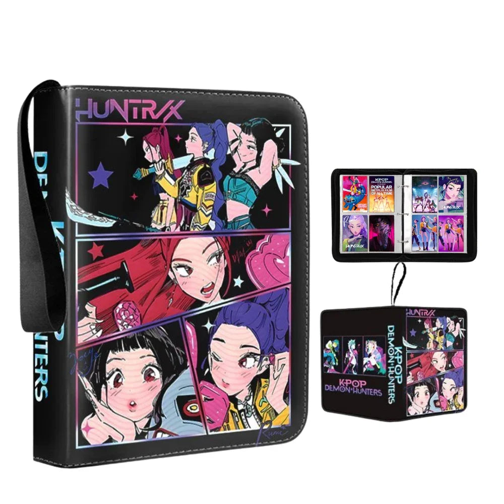 A black photo album binder featuring various K-pop idol images and designs.