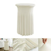 A floor-length, pleated white stretch spandex cocktail tablecloth with a gathered skirt.