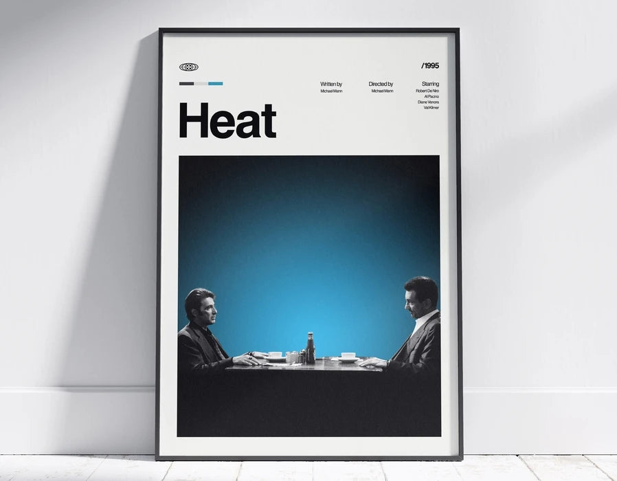 A framed piece of wall art titled Heat featuring a black and white photograph of two men seated at a table.