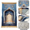 A blue and gold prayer rug featuring an arched design with floral patterns and a velvet fabric.