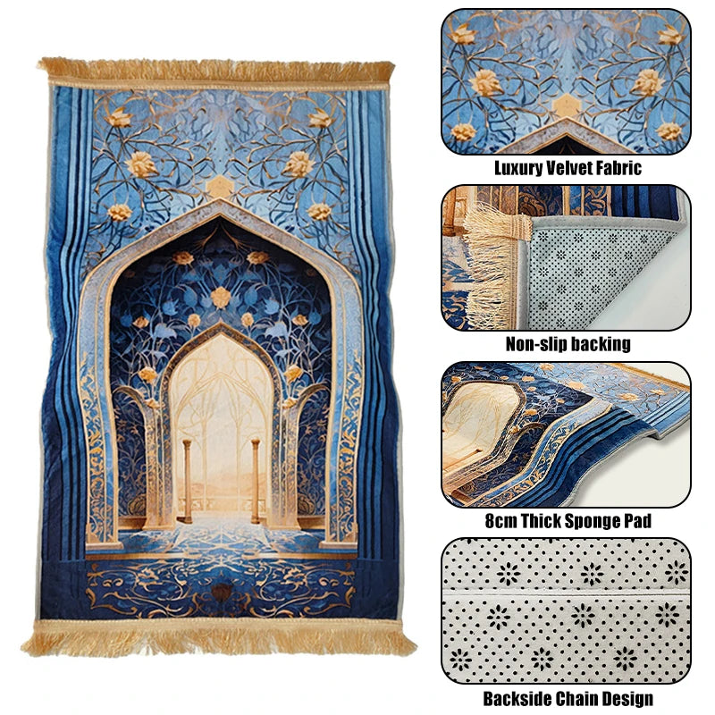 A blue and gold prayer rug featuring an arched design with floral patterns and a velvet fabric.