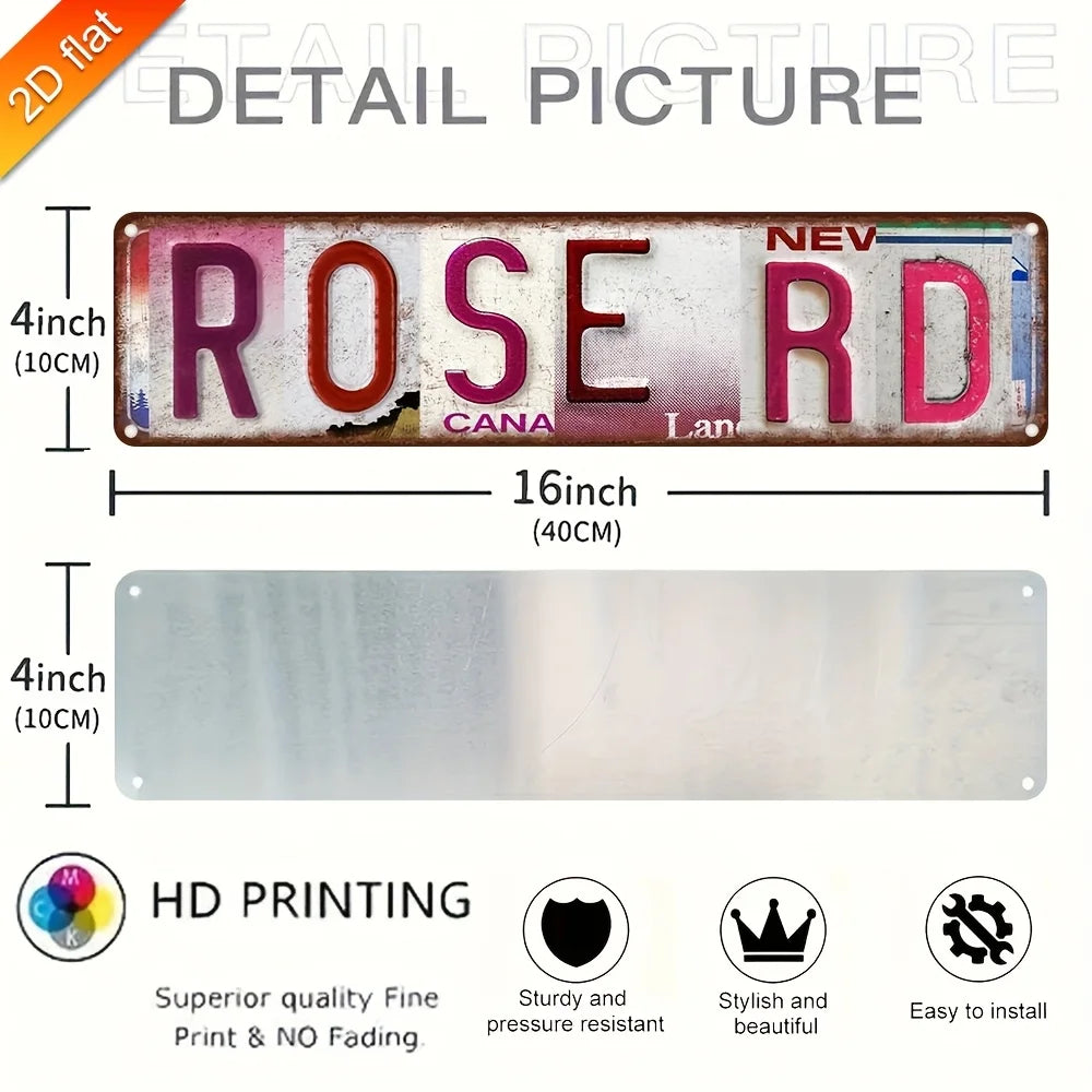 Rechteckiges Vintage-Retro-Metallwandschild mit dem Text ROSE RD in roter und weißer Schrift.