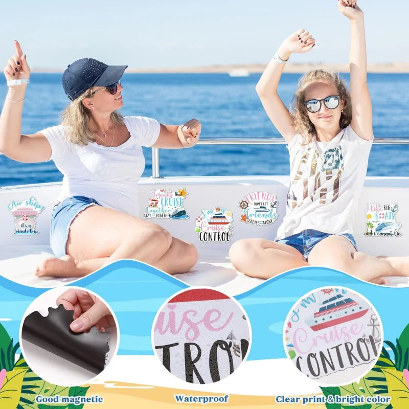 A girl and woman pose with a cruise ship background, demonstrating the magnetic friends set for cruise door decorations.