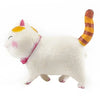 A white and orange striped cartoon cat figurine with a pink collar.