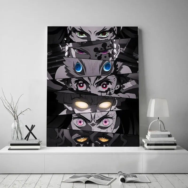 A vertical canvas print featuring a dark, intense collage of various demon eyes from the Demon Slayer anime.