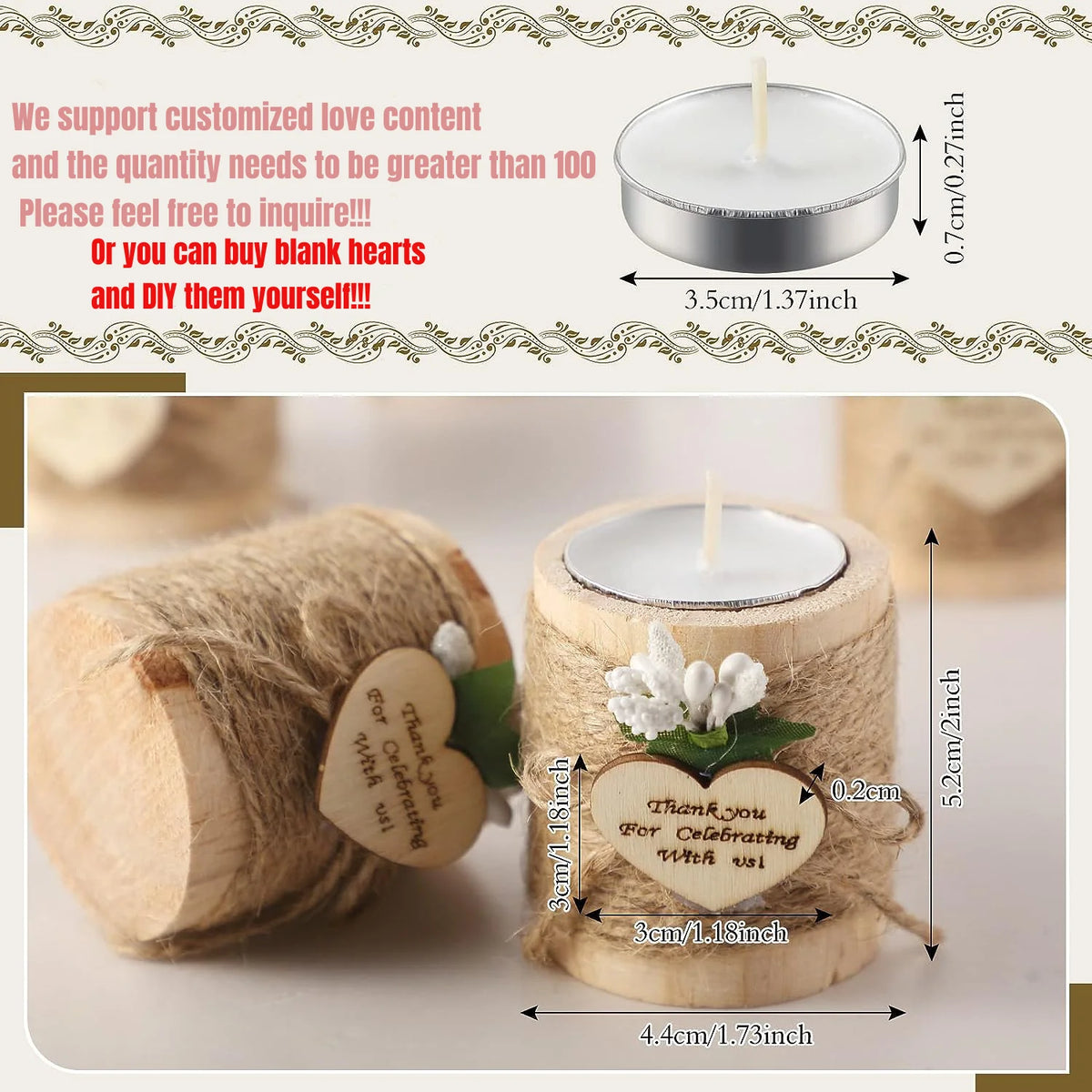 Wooden Tealight Candle Holders with Heart-Shaped Tags — Wedding & Baby Shower Favors