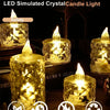 A collection of gold-colored LED simulated crystal candles casting a warm, flickering light.