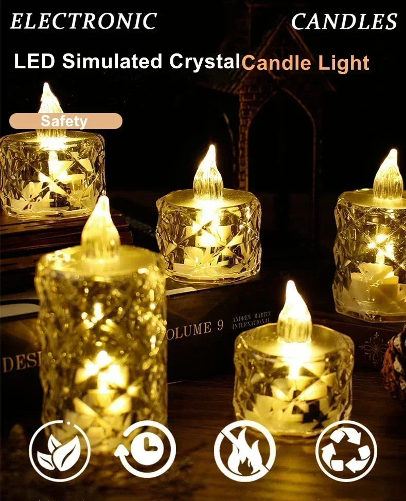 A collection of gold-colored LED simulated crystal candles casting a warm, flickering light.