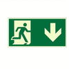 A green glow-in-the-dark safety sign showing a silhouette of a person running and a downward arrow.