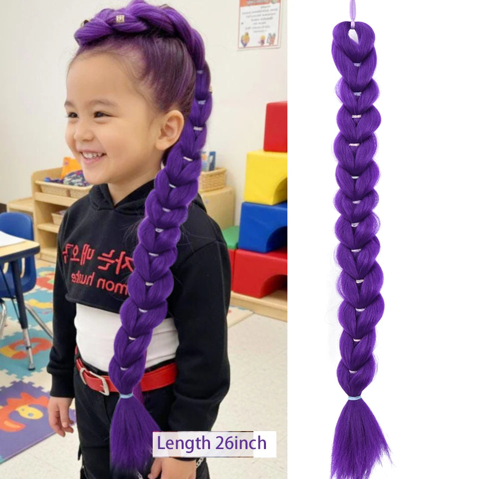 Purple braided ponytail hairpiece for kids shown next to a measuring tape.