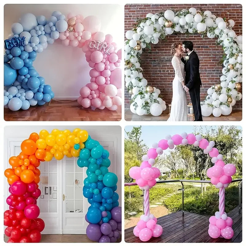 Collection d'arches de ballons colorés avec des ballons bleus, roses et oranges pour événements.