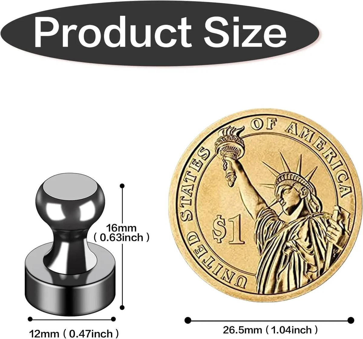 Diagram showing the size of a US one dollar coin, with measurements provided in millimeters and inches.