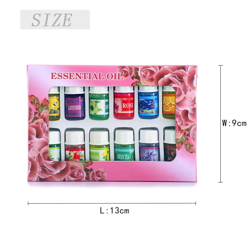 A box of essential oil bottles featuring lavender, rose, and other colored oils for aromatherapy.