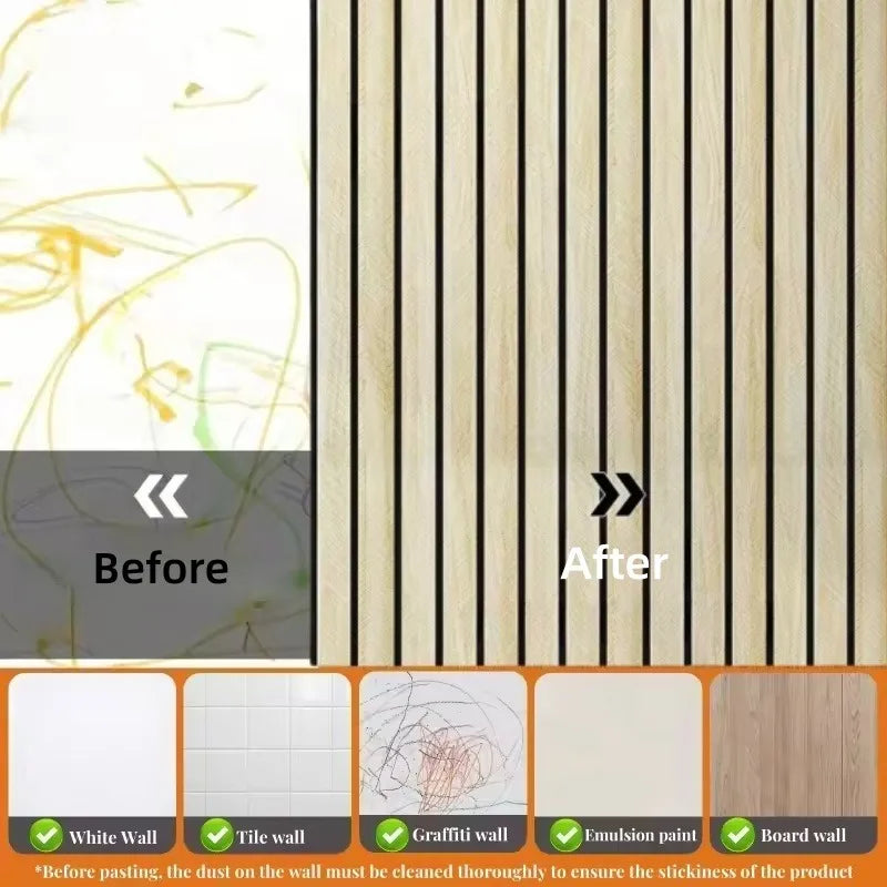 Before and after comparison of self-adhesive wood grain wallpaper installation