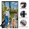 A woman stands next to a dog in front of a black magnetic automatic screen door curtain with Velcro and a magnetic attraction