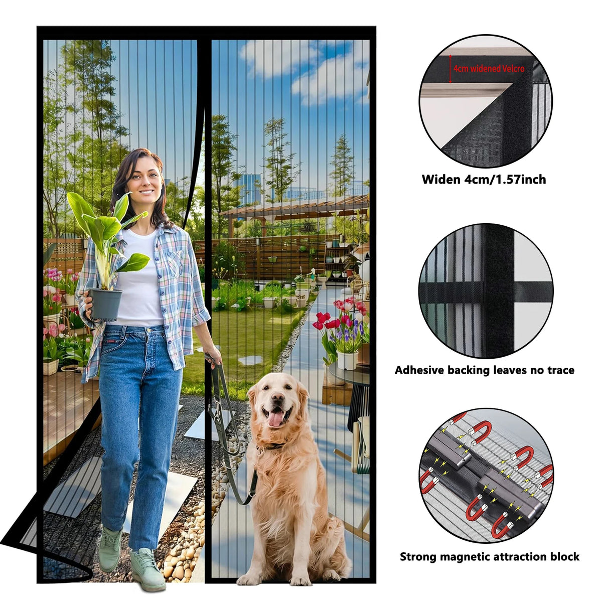 A woman stands next to a dog in front of a black magnetic automatic screen door curtain with Velcro and a magnetic attraction